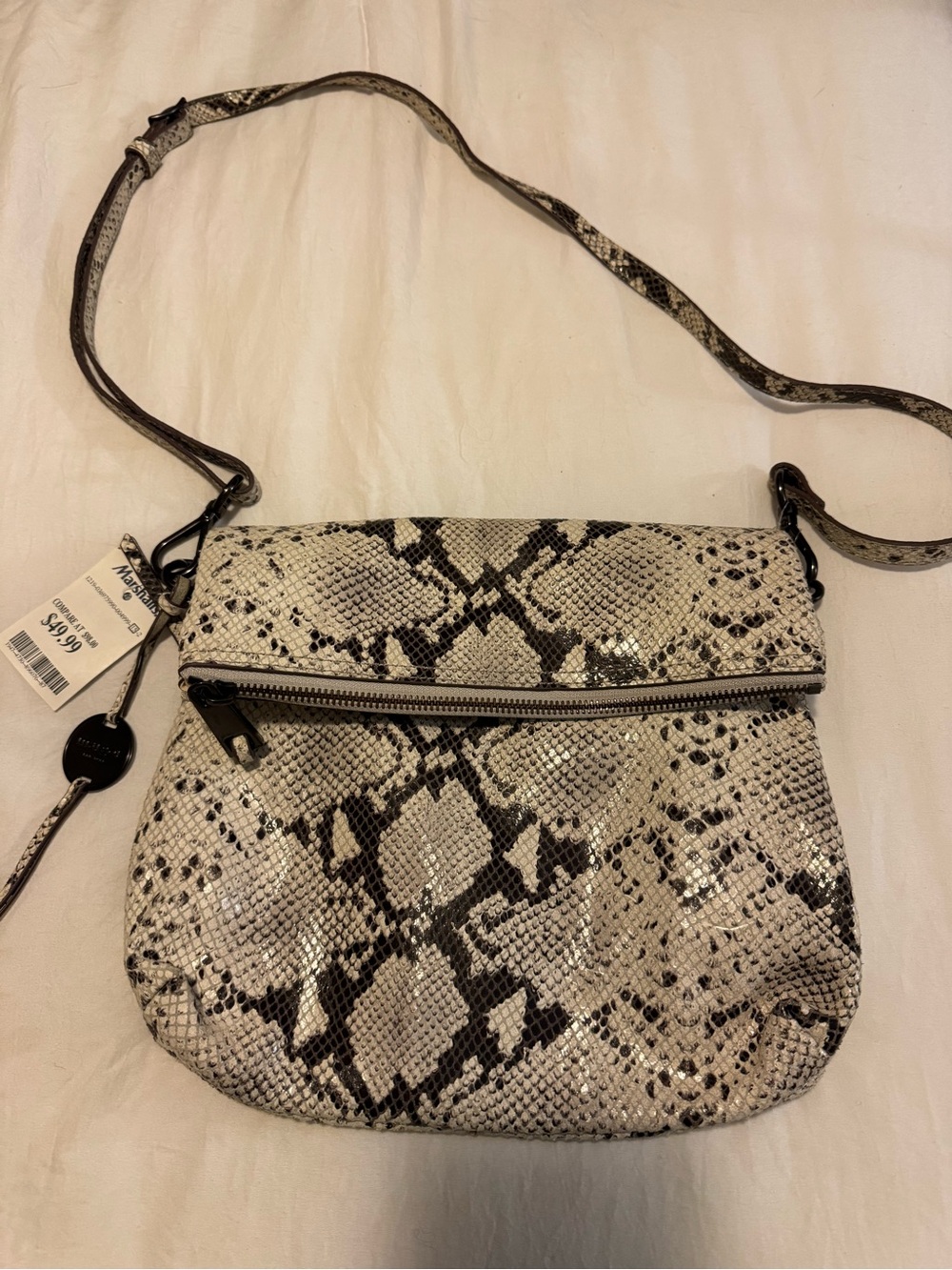 Genuine Leather Snake-Print Crossbody Bag in Cream and Black